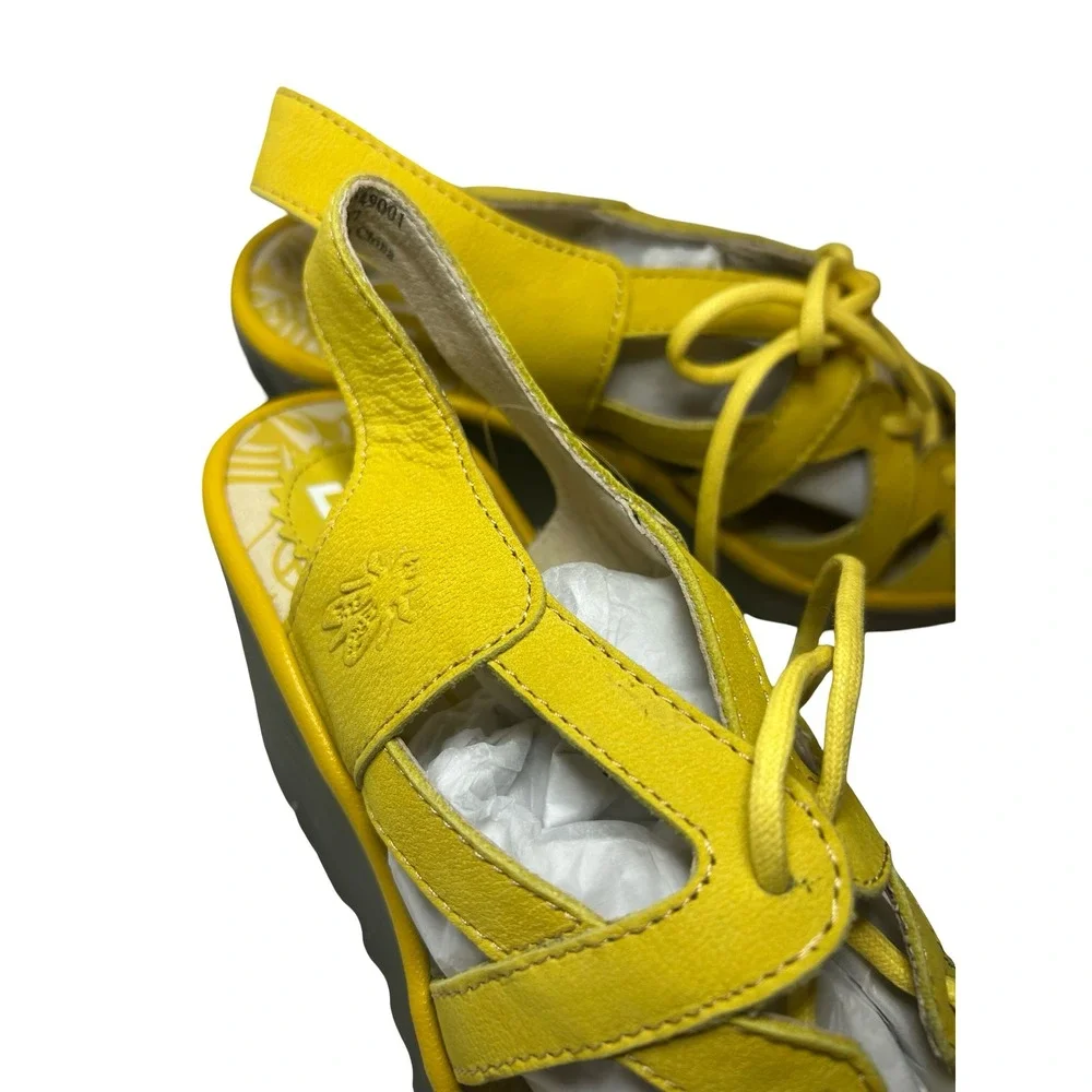 Fly London Yasi Yellow Leather Lace Up Wedge Sandals Womens 37 P500749001